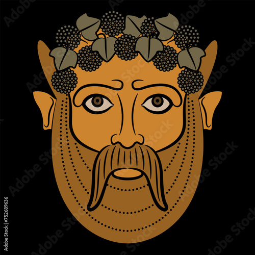 Etruscan mask of god Bacchus. Antique god of wine. Bearded horned male face wearing grape wreath. On black background.