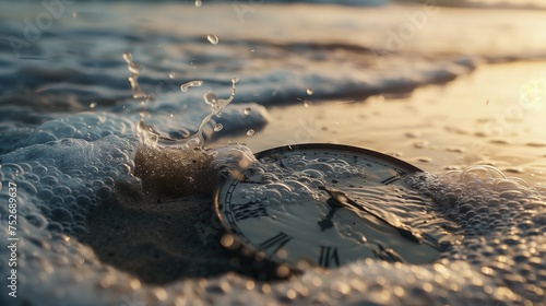 Time Flies: A Pocket Watch Submerged in the Ocean Waves at Sunset