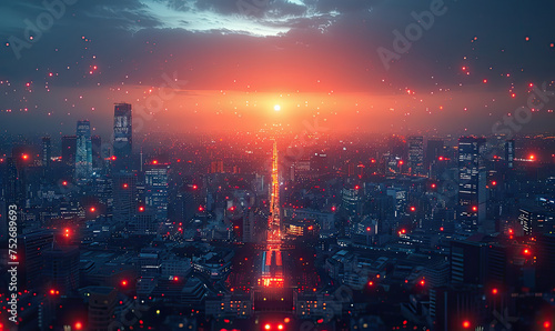 Sunset over city. Created with Ai