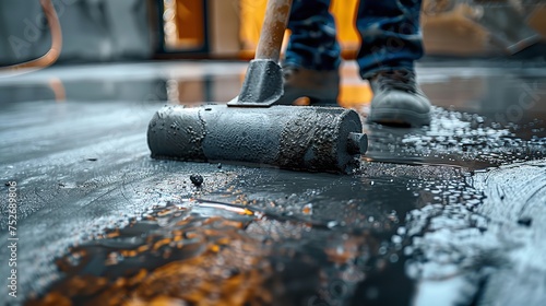 For self-leveling cement mortar for floors, use a master with a needle roller for fresh screed concrete with space for text or product, Generative AI. photo