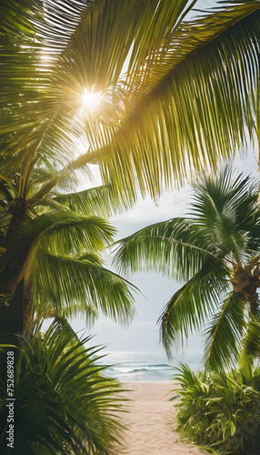 Tropical beach view through palm leaves with sunlight filtering through  evoking a serene and exotic ambiance.