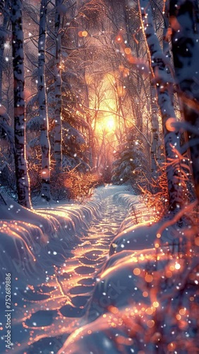 Snow forest. Falling snowflakes. Looped snow. Winter forest. Generative AI. 