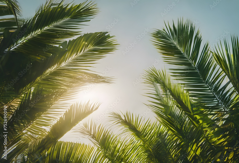 Tropical palm leaves silhouette against a bright sky, conveying a serene and exotic atmosphere.