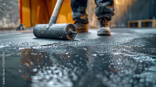 For self-leveling cement mortar for floors, use a master with a needle roller for fresh screed concrete with space for text or product, Generative AI.