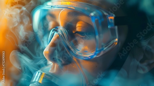 woman wearing a gas mask an...