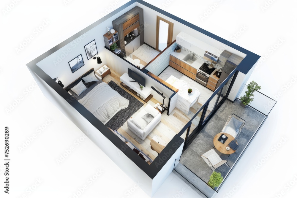 Compact one-bedroom apartment layout optimized for efficient use of space, on isolated white background, Generative AI Compact one-bedroom apartment layout optimized for efficient use of space, on isolated white background, Generative AI