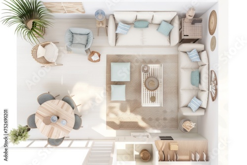 Coastal-inspired apartment layout with beachy decor, light colors, and airy ambiance, on isolated white background, Generative AI