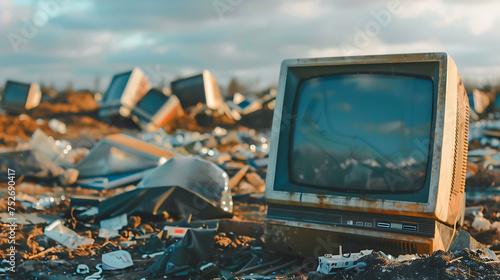 Outdated computer monitors in a landfill, highlighting the environmental cost of tech progress. Generative AI illustration 