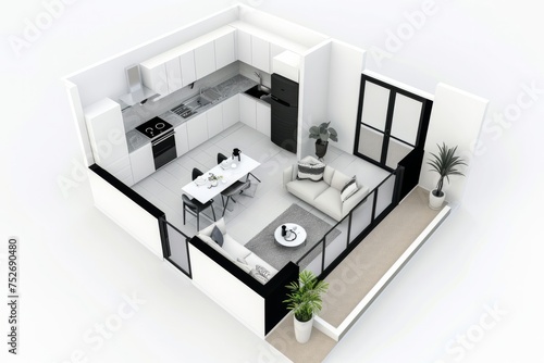 Cozy studio apartment floor plan featuring a functional kitchenette and sleeping area, on isolated white background, Generative AI