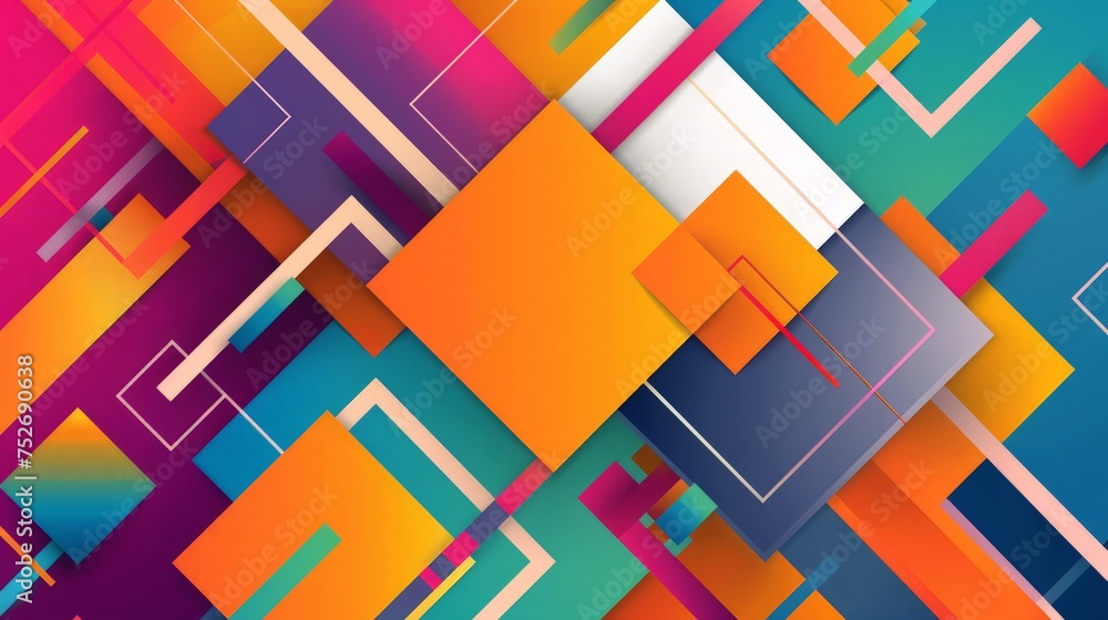 Assorted squares and rectangles in vibrant colors create a lively abstract background.