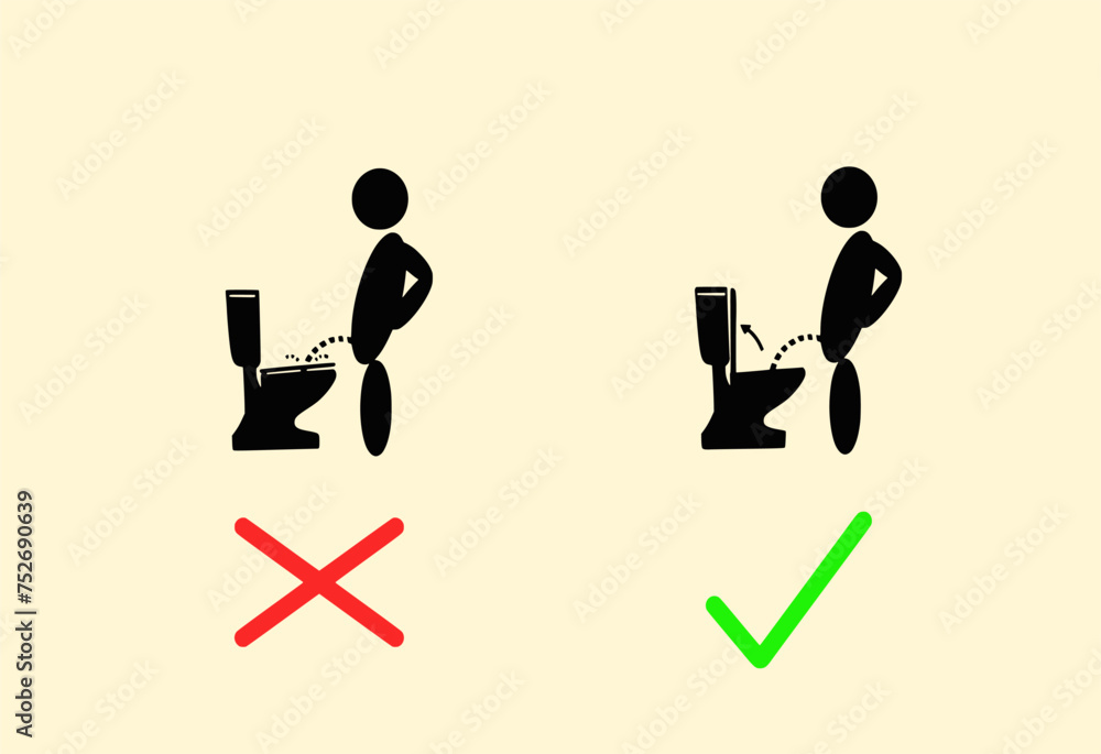 Man standing and peeing on the toilet bowl isolated on cream color