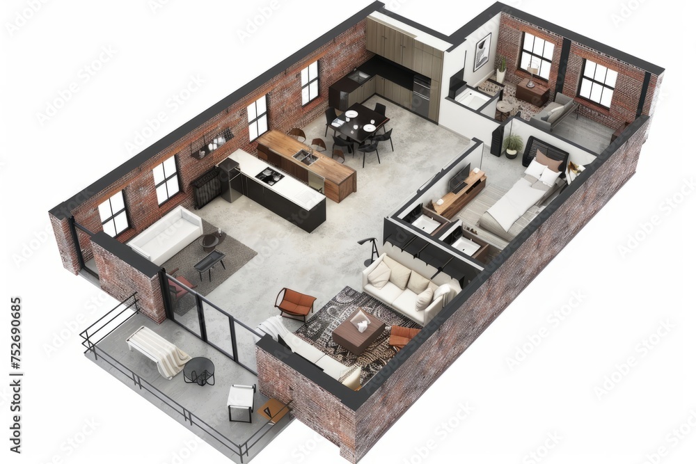 Industrial-style apartment floor plan featuring exposed brick walls, concrete floors, and modern furnishings, on isolated white background, Generative AI Industrial-style apartment floor plan featuring exposed brick walls, concrete floors, and modern furnishings, on isolated white background, Generative AI