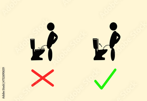 Man standing and peeing on the toilet bowl isolated on cream color background, The symbol shows the correct way to use a toilet to urinate, Illustration vector