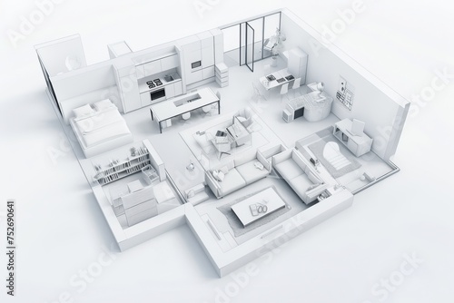Futuristic apartment floor plan with modular furniture, flexible living spaces, and smart storage solutions, on isolated white background, Generative AI © Box Milk