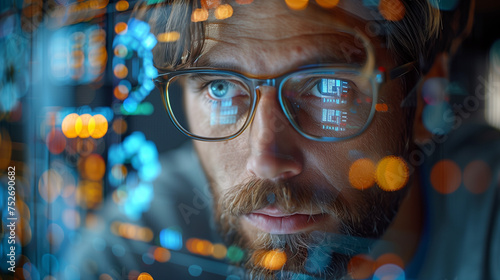 double exposure. Handsome male and Floor paln. system security specialist working on computer at system control center. photo