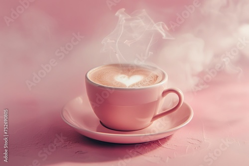 steaming cup of coffee with a heart-shaped design in the milk foam sits on a pastel pink background