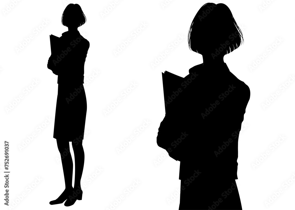書類を持って立つショートボブのビジネスウーマン女性のシルエットセット 上半身正面と全身正面のイラスト バリエーション