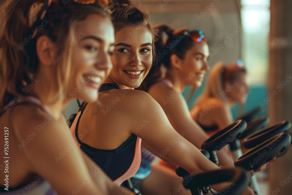 Fototapeta premium Group of women energetically riding stationary bikes in a gym during a cycling class.