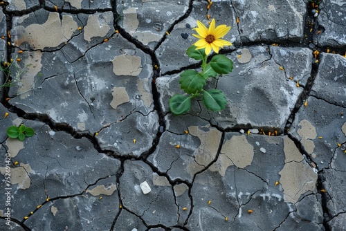 A small yellow flower defies the odds by growing out of a crack in the ground.