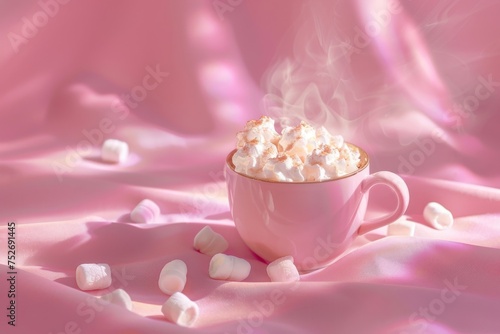 mug overflowing with rich hot chocolate, whipped cream, and marshmallows awaits enjoyment on a pink surface