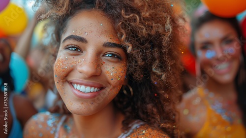 Smiling African American woman with curly black hair, enjoying festival outdoors. © Pro Hi-Res