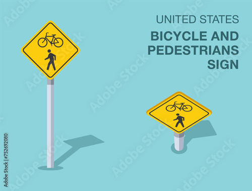 Traffic regulation rules. Isolated United States bicycle and pedestrians road sign. Front and top view. Flat vector illustration template.