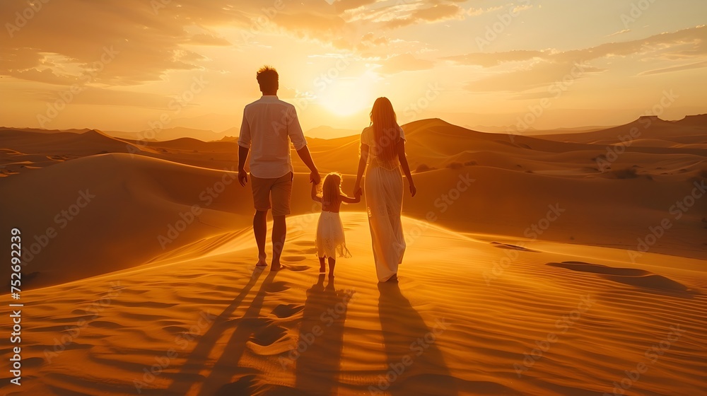Family Walking in Desert at Sunset in Romantic Atmosphere