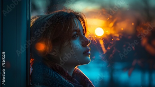A Girl Looking Out of a Window During Sunset