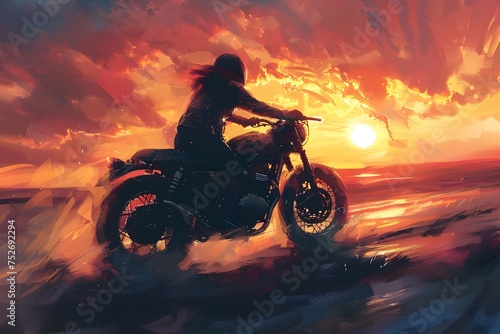 Woman Riding Motorcycle at Beach Sunset in Digital Painting Style