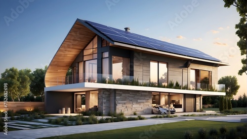 Solar panels integrating into home architecture for efficient, eco-friendly energy production Generative AI © Haroon