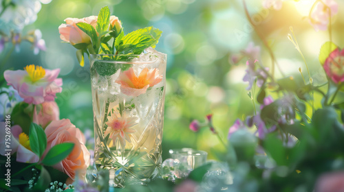 Floral themes and refreshing beverage. Refreshing lemonade in a tall Glass amongst lush floral garden Setting.