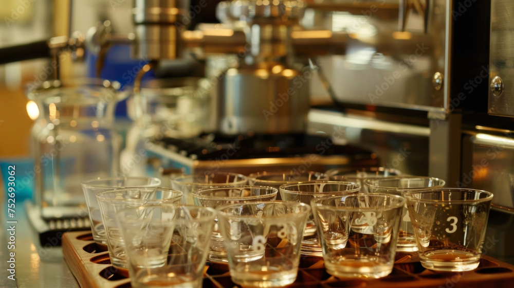 A detailed shot of a set of fire cupping equipment with a burner in the background and several glass cups displayed in the foreground. The cups are labeled with numbers suggesting A detailed shot of a set of fire cupping equipment with a burner in the background and several glass cups displayed in the foreground. The cups are labeled with numbers suggesting