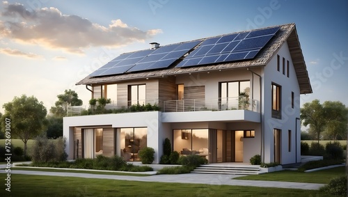 Sustainable home power solutions with solar panels on roofs harnessing natural energy Generative AI