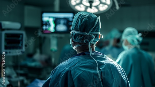 The back of a surgeon in full surgical attire with an operating room in the background