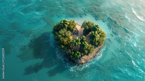 An island in the ocean with heart-shaped palm trees, top view, Generative © chanidapa