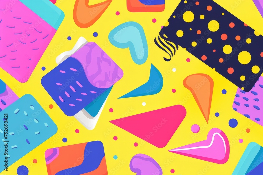 Capture the essence of the 90s in a seamless patterns background collection, featuring funky shapes, neon gradients, and playful doodles, Generative AI