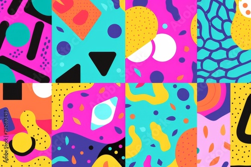Capture the essence of the 90s in a seamless patterns background collection, featuring funky shapes, neon gradients, and playful doodles, Generative AI