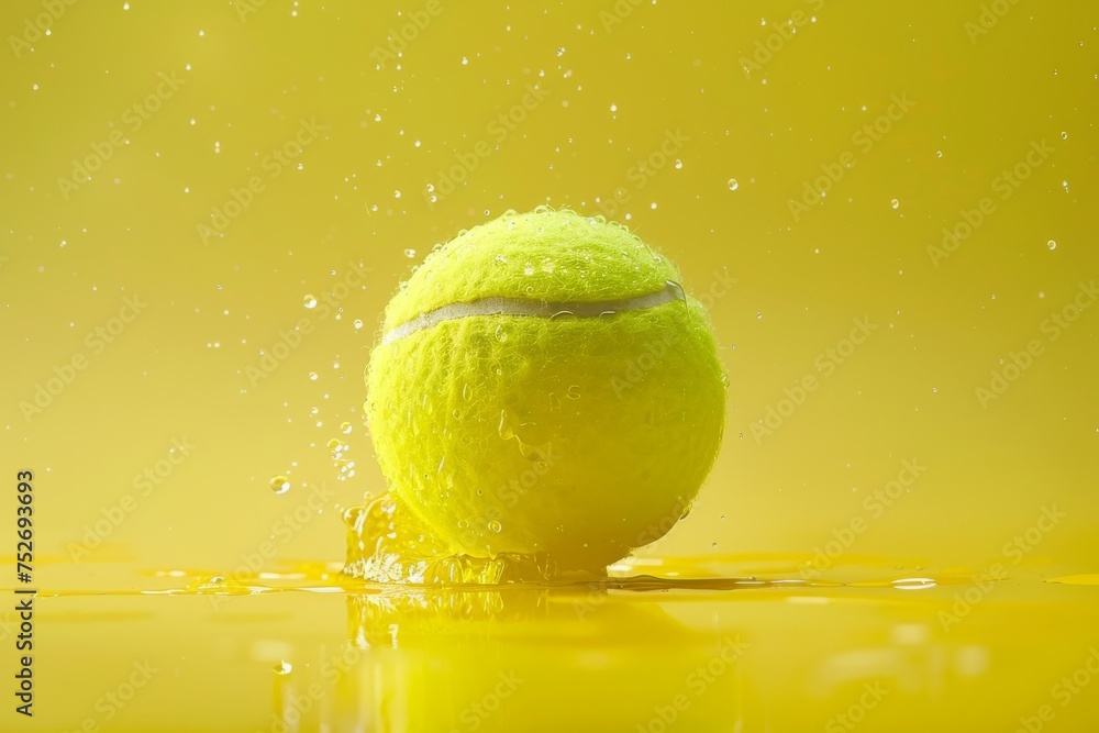 bright yellow tennis ball makes a refreshing splash in a clear pool of water