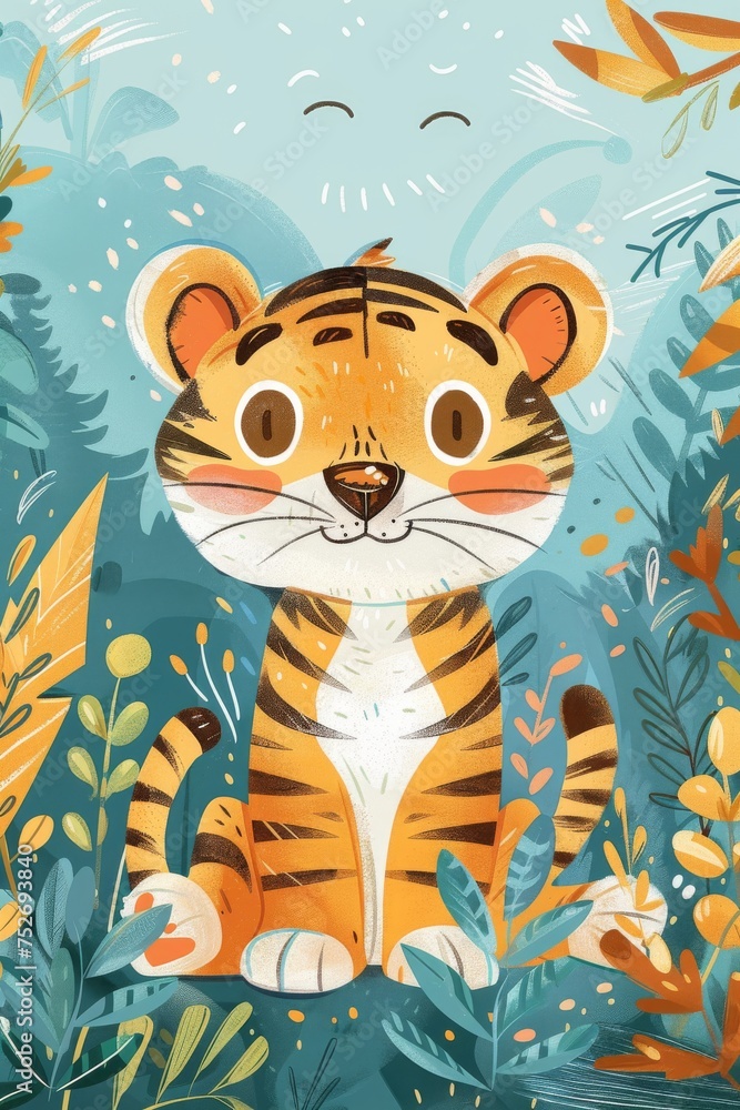 cute tiger with nature background. children illustration