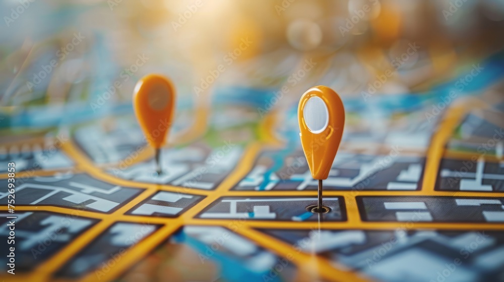 Digital hand set location on map with two pins. AI technology in GPs, innovation delivery, map location, future transport logistic, Digital hand set location on map with two pins. AI technology in GPs, innovation delivery, map location, future transport logistic,