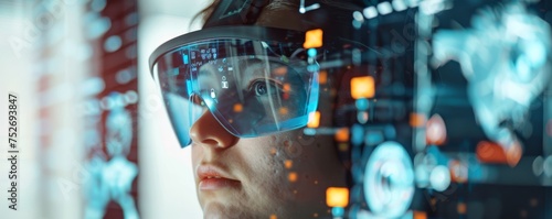 Close-up of a person wearing augmented reality glasses, interacting with a futuristic digital interface.