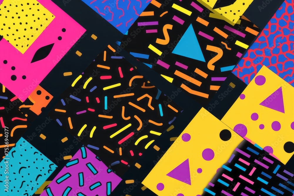 Celebrate the eclectic and dynamic style of the 90s with a collection of seamless patterns background, featuring a mix of geometrics, Generative AI