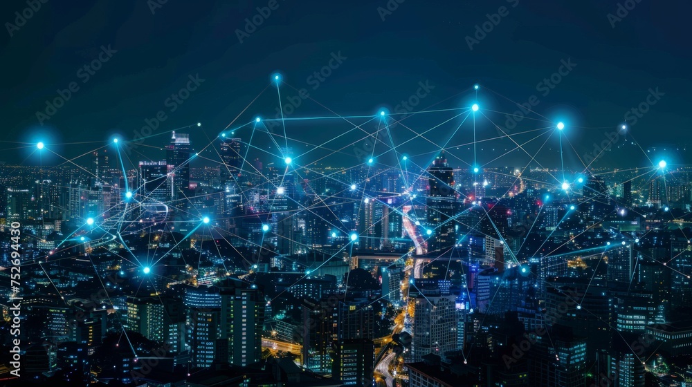 Modern city with wireless network connection and city scape concept.