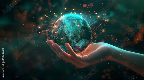 Metaverse Virtual Technology.Woman hand holding global network connection.