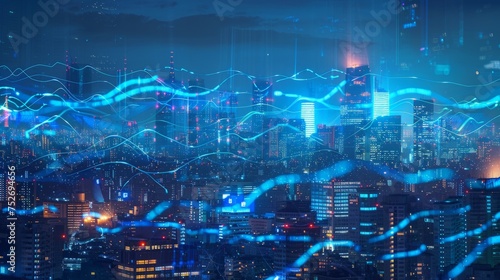 Wallpaper Mural Smart city and big data connection technology concept with digital blue wavy wires with antennas on night megapolis city skyline background, double exposure Torontodigital.ca