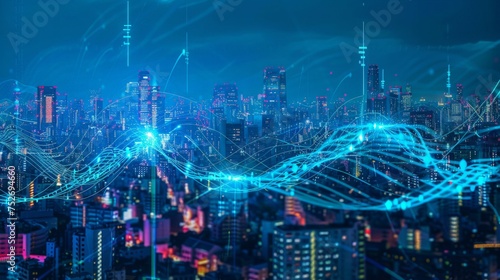 Wallpaper Mural Smart city and big data connection technology concept with digital blue wavy wires with antennas on night megapolis city skyline background, double exposure Torontodigital.ca