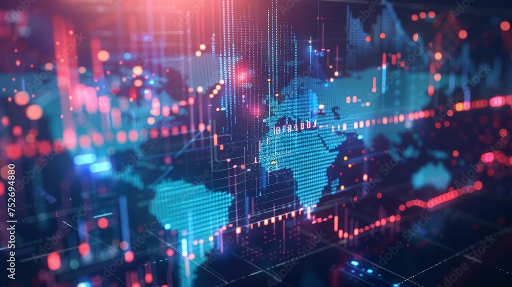 Trading market concept with financial graphs, glowing lines and diagram on digital screen at world map background. Trading market concept with financial graphs, glowing lines and diagram on digital screen at world map background.