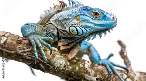 Studio portrait of a blue iguana on a tree branch. isolated on white background