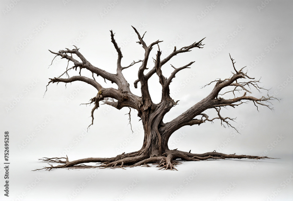 A gnarled, dead tree without leaves sits on a white surface in front of a white background.