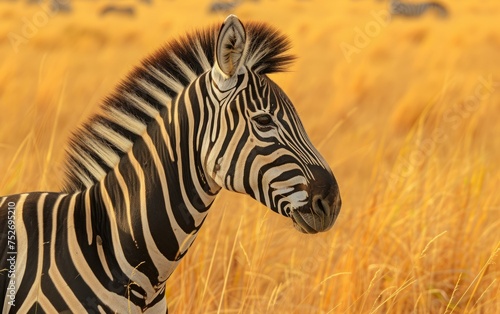 A zebra appears amidst the golden grasslands of the savanna